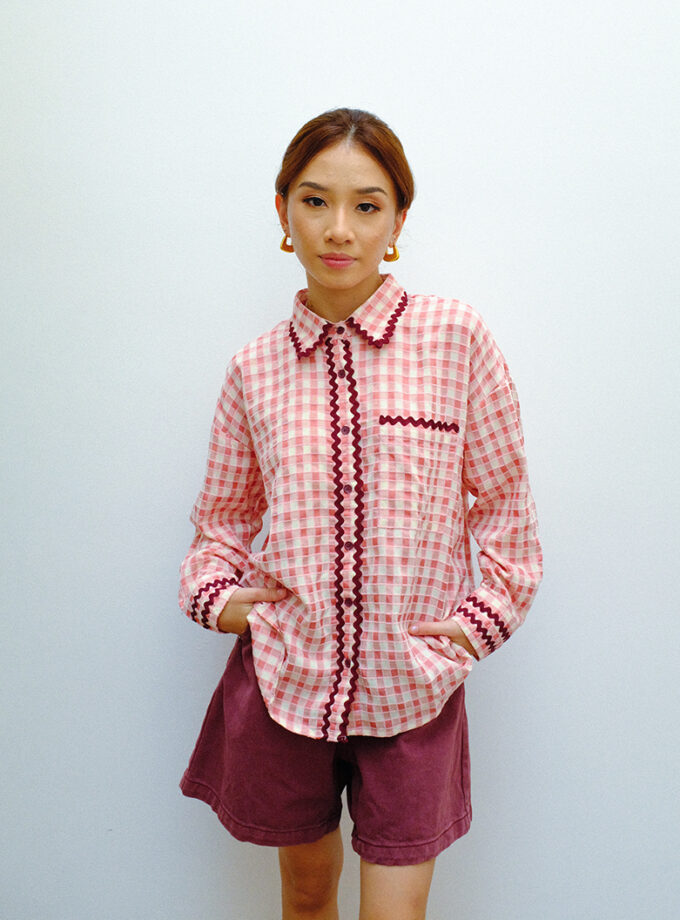 Elsie Wavy Shirt in Gingham Flamingo Pink